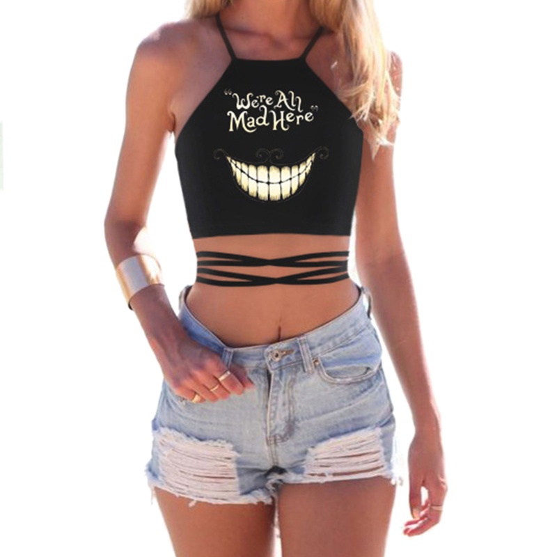 Áo Crop Top Hai Dây Hở Lưng In Họa Tiết Đầu Lâu 3D Kiểu Gothic Gợi Cảm Cho Bạn Gái