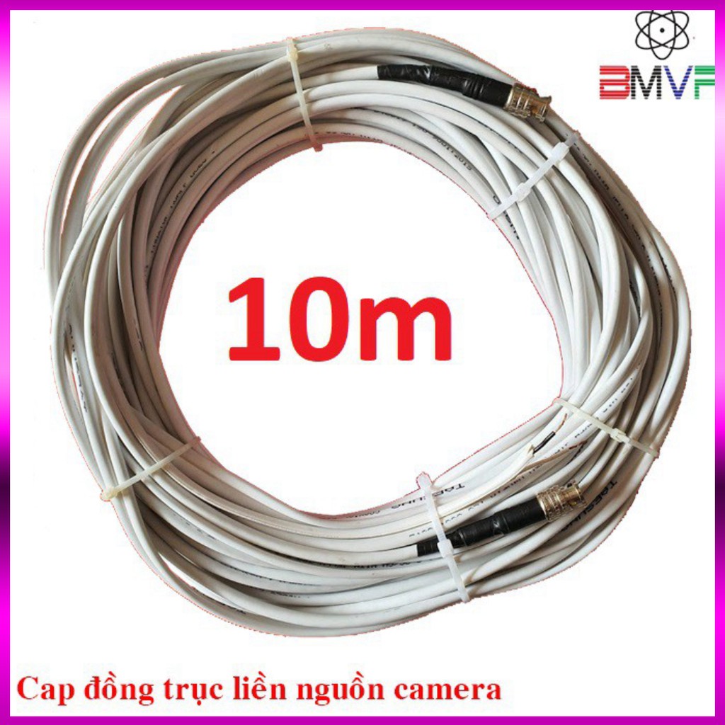 🍀 Dây Camera cáp đồng trục liền nguồn RG59+2C  đồng nguyên chất 10m - đã bấm sẵn 2 đầu.