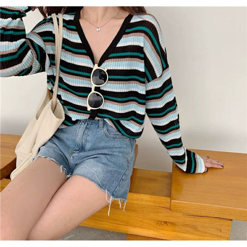 [Mã FAGREEN1505 giảm 10% tối đa 30K đơn 99K] áo khoác len nữ dệt kim hàng đầu sọc ngang phong cách hàn quốc | BigBuy360 - bigbuy360.vn