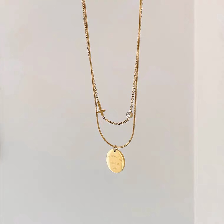 Dây Chuyền Hai Lớp Bằng Thép Titan Mạ Vàng 18K Hai Lớp Sang Trọng Phong Cách Hàn Quốc