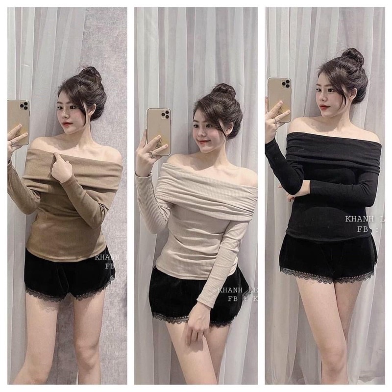 Áo thun body tay dài trễ vai thun gân