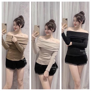 Áo thun body tay dài trễ vai thun gân
