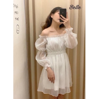Đầm trắng trễ vai bo eo
