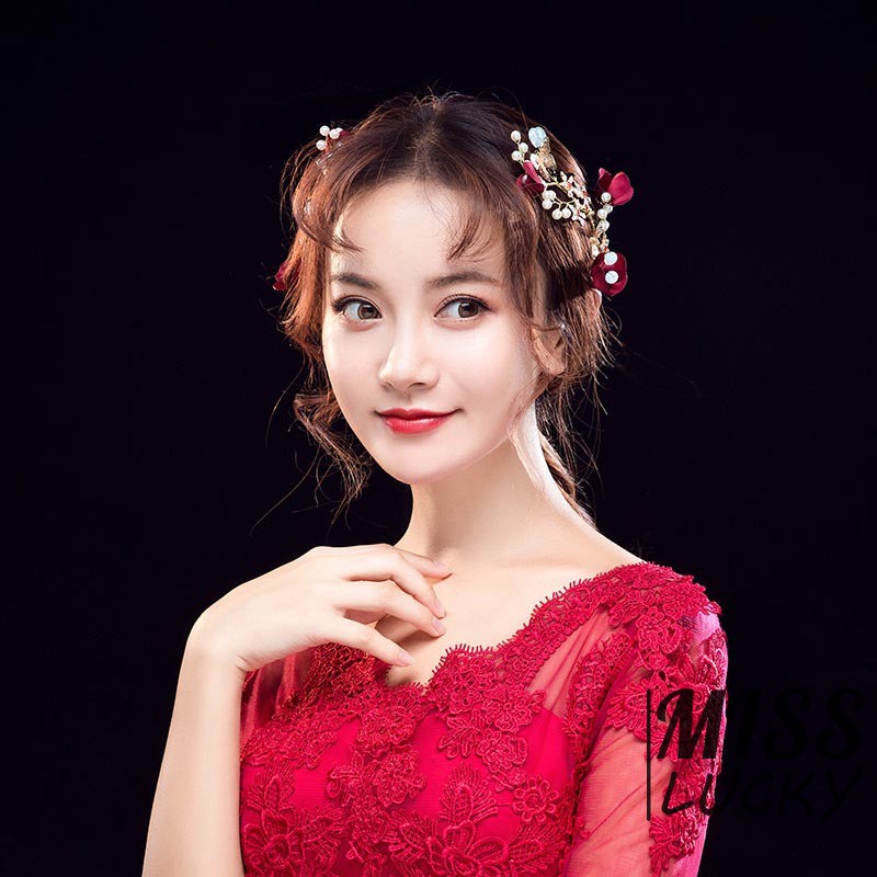 Red Wedding Bride Headdress Hairpin Clip Jewelry Accessories Flowers Ornaments New styles Roses Goddes Style Barrett