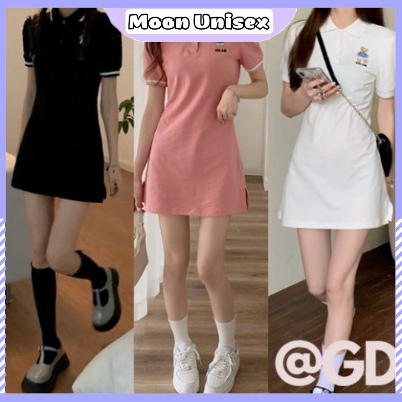 Đầm Polo Họa Tiết Gấu /Váy Body Nữ Cộc Tay Dáng Ngắn 3 Màu_MoonUnisex