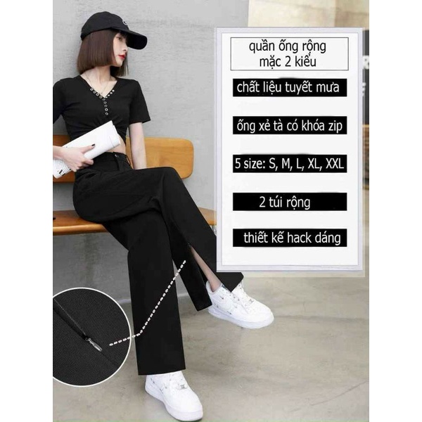 Quần tây đen, quần ống rộng suông lưng cao có khóa kéo chân