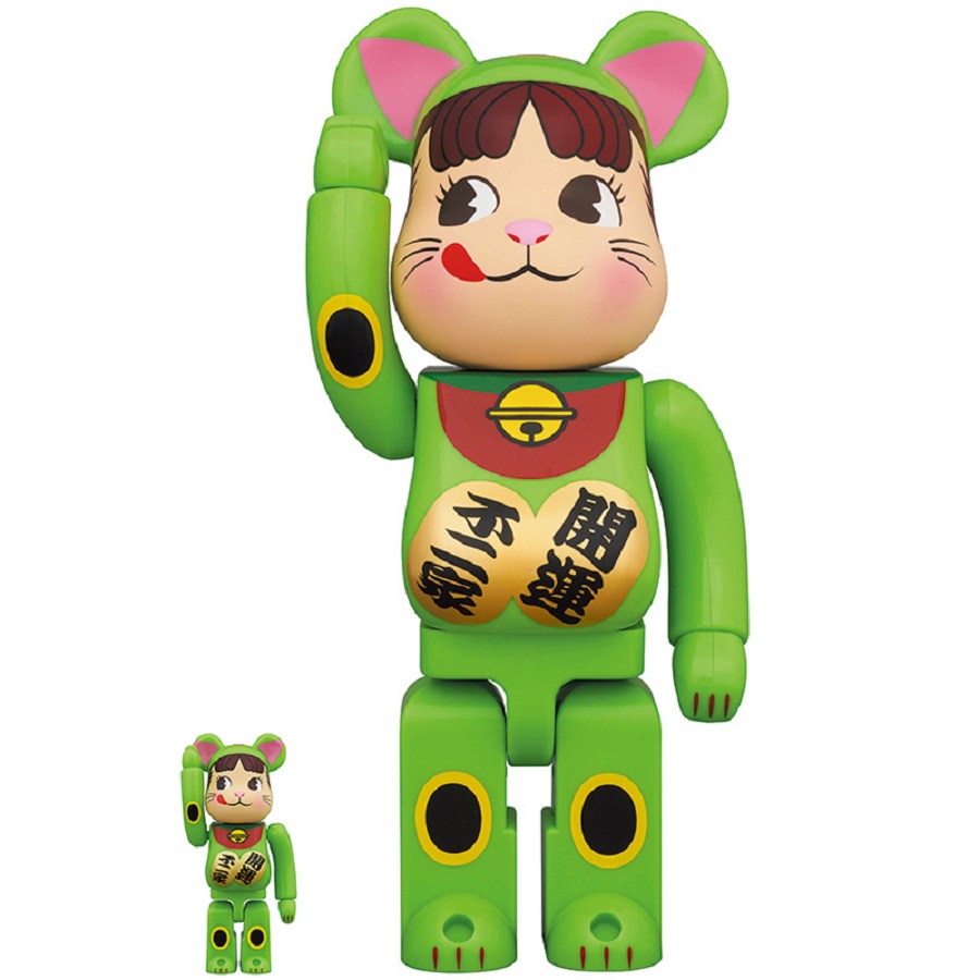 Mô hình trưng bày decor Bearbrick Maneki Neko Pekochan Flurescent Green 100% &amp; 400%