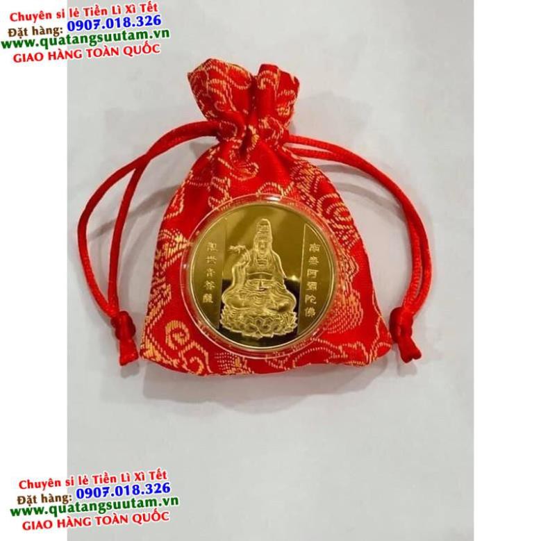 GIÁ SỐC - Đồng Xu Quan Âm Bồ Tát - Mặt Sau Đồng Xu Hình Cá Chép tặng kèm túigấm