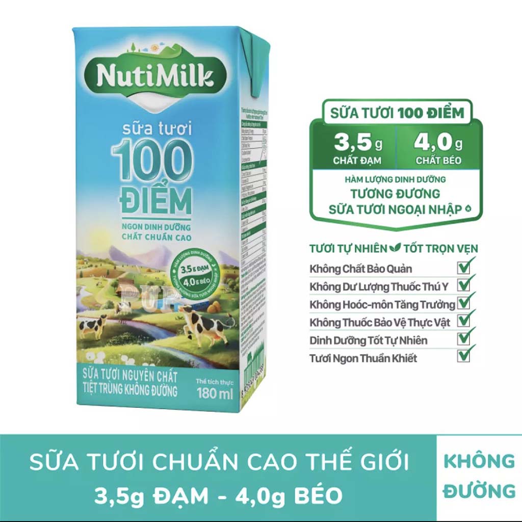 Lốc 4 Hộp Sữa Tươi  Tiệt Trùng 100 Điểm Không Đường Nutimilk 180ml