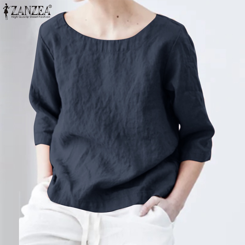 Zanzea Áo Kiểu Cổ Tròn Tay 3 / 4 Màu Trơn Dáng Rộng Thời Trang Cho Nữ