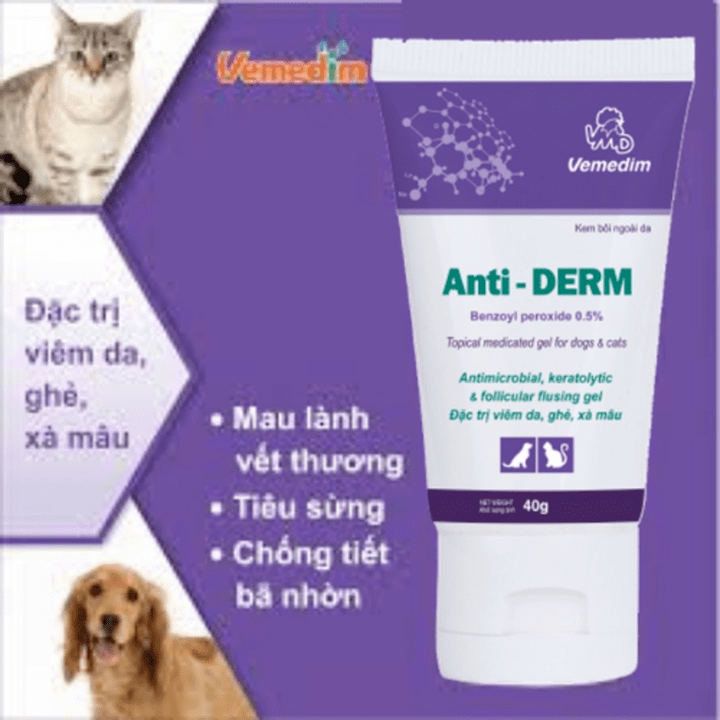 Kem bôi viêm da, ghẻ, xà mâu cho chó mèo Anti Derm chống tiết bả nhờn mau lành vết thương mau mọc lông tuýt  50g