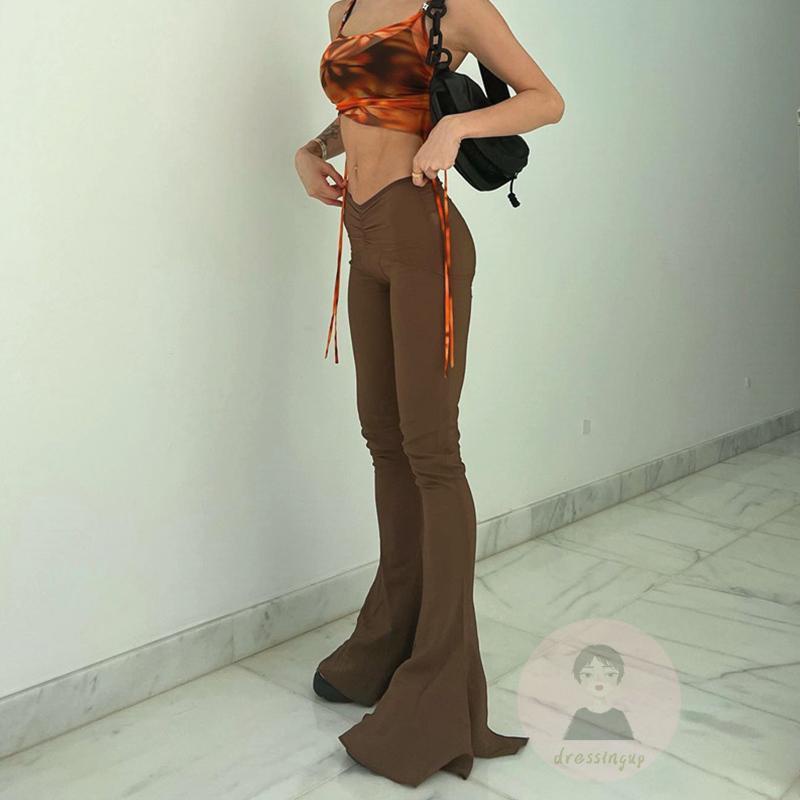 Quần Dài Ống Loe Lưng Thấp Màu Sắc Đơn Giản Cho Nữ