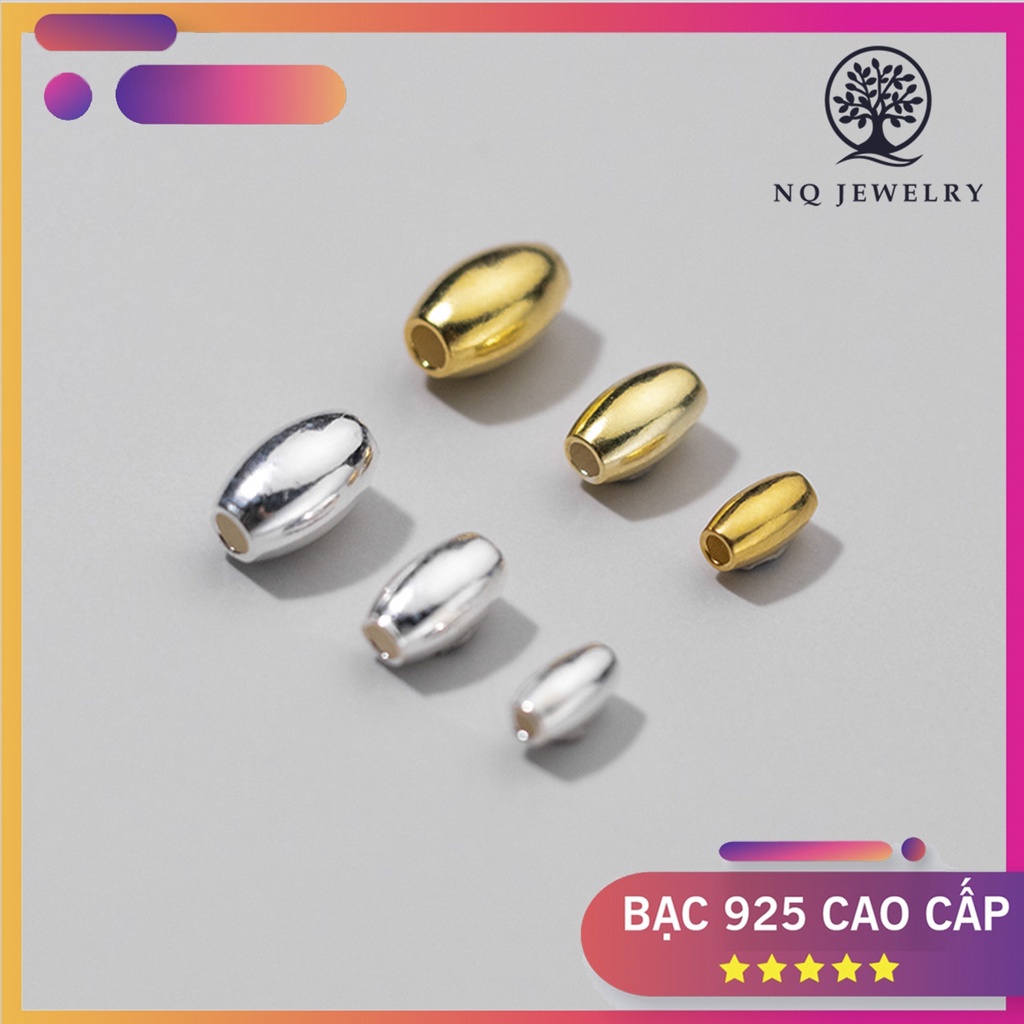 Charm bạc trơn hình hạt gạo xỏ ngang