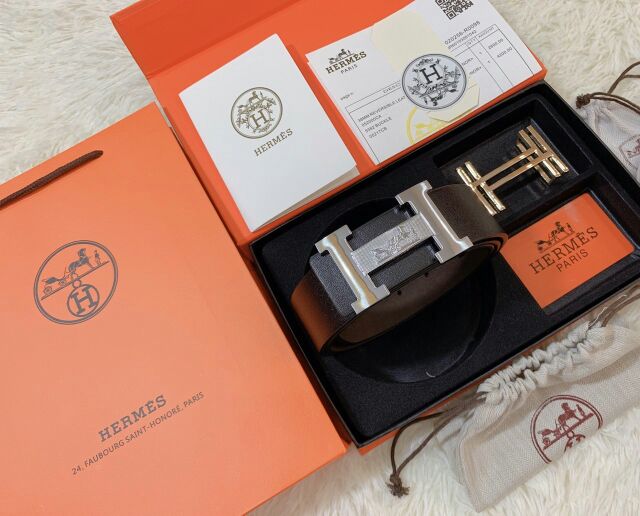 Thắt lưng nam He dây lưng nam dây nịt mặt chữ H màu vàng bạc dây da đẹp kèm Hộp Túi Giấy