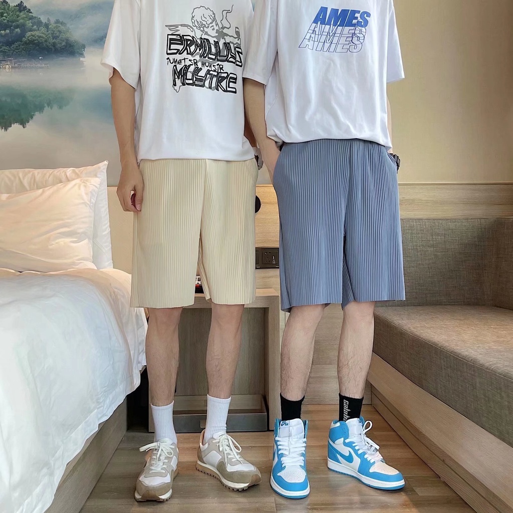 Quần Short Thể Thao Vải Lụa Lạnh Xếp Ly Màu Trơn Nhanh Khô Thời Trang Mùa Hè Cho Nam