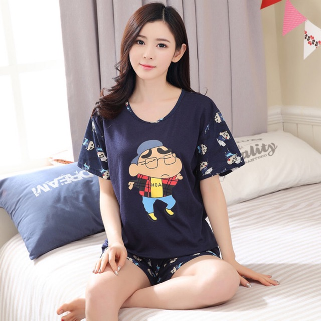 Bộ quần áo short mặc nhà màu xanh hình shin size ngoại cỡ 5Xl 90-100kg