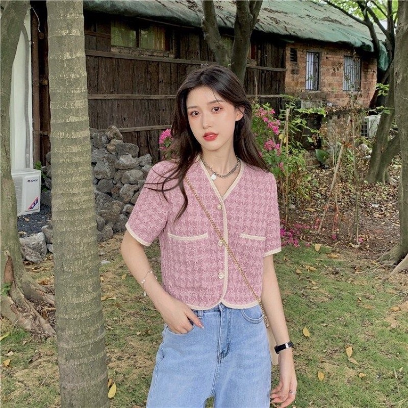 Áo Kiểu Nữ Cổ V Cài Nút Vải Tweed Hottrend
