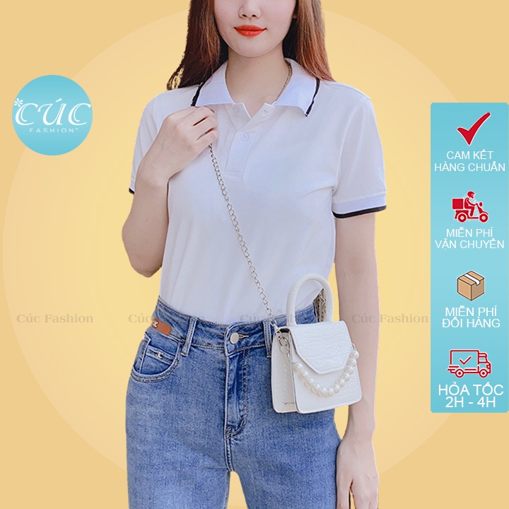 Áo phông polo nữ CÚC FASHION tay ngắn vải thun cotton thời trang công sở đẹp đen trắng đi học cá sấu viền cổ tay AP130