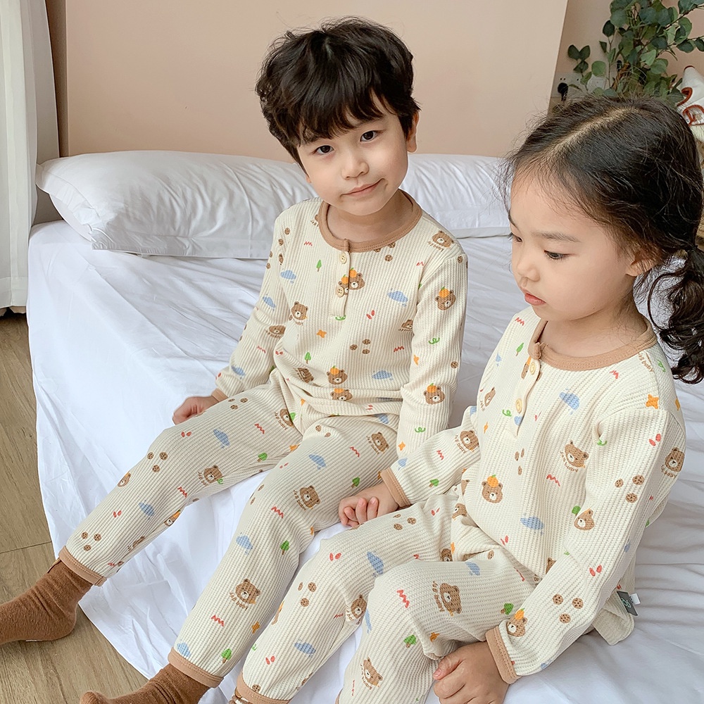 Set quần áo sơ sinh dài tay vải cotton tổ ong mặt gấu họa tiết bắt mắt, Bộ quần áo bé trai và bé gái mềm mại thoáng mát