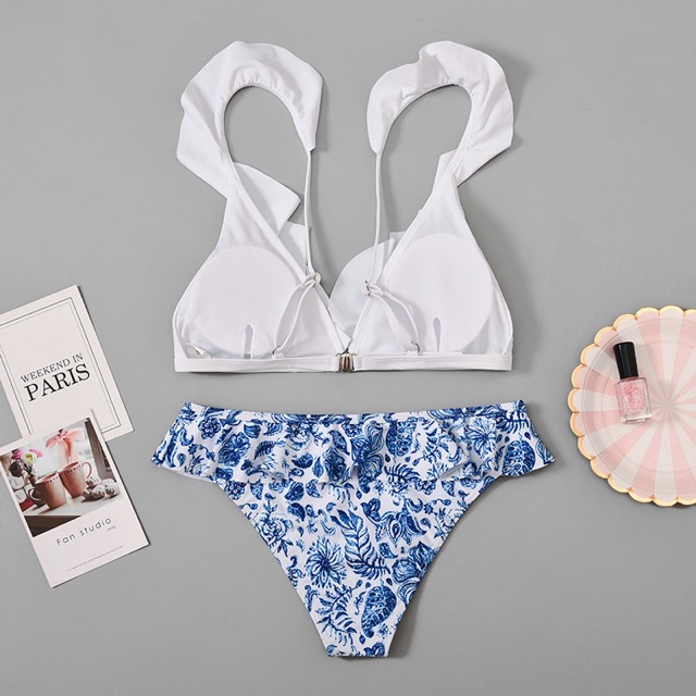 (HN có sẵn) Bikini Đồ bơi 2 mảnh đi biển áo trắng viền bèo quần xanh