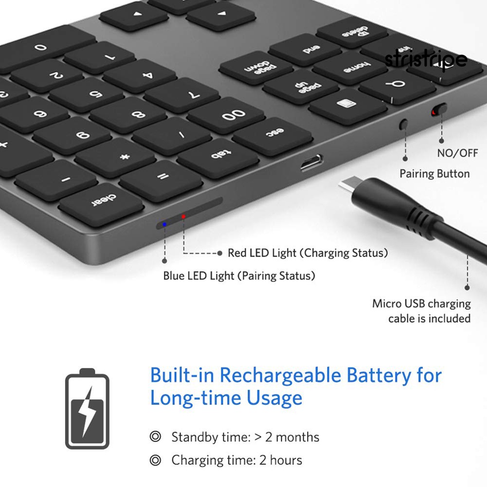 STR Portable Aluminum 34 Keys Wireless Bluetooth Keyboard Keypad for MacBook Air/Pro