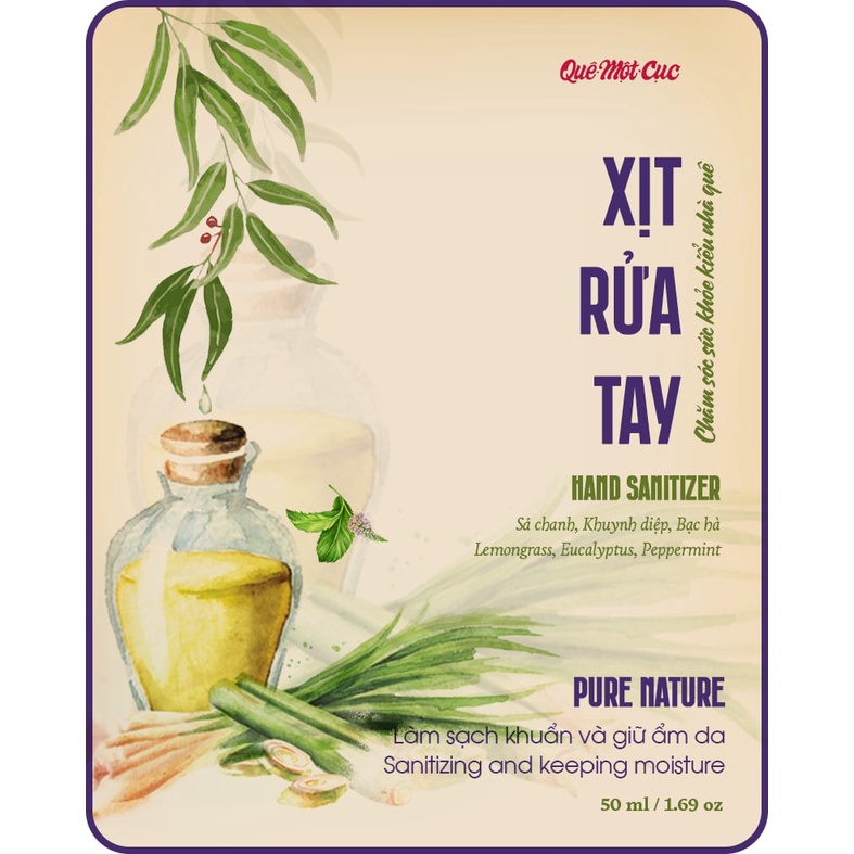 Xịt rửa tay 100% tự nhiên, làm sạch vượt trội, không khô da chai 50ml Quê Một Cục - handmade