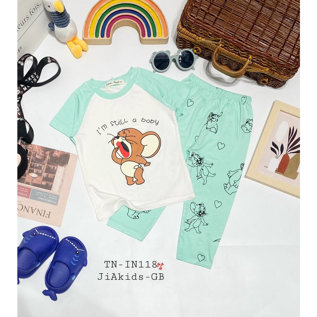 Bộ Tay Ngắn Quần Dài THUN LẠNH MINKY MOM In Thân Áo Trắng Phối Quần Màu Cho Bé TN-IN118