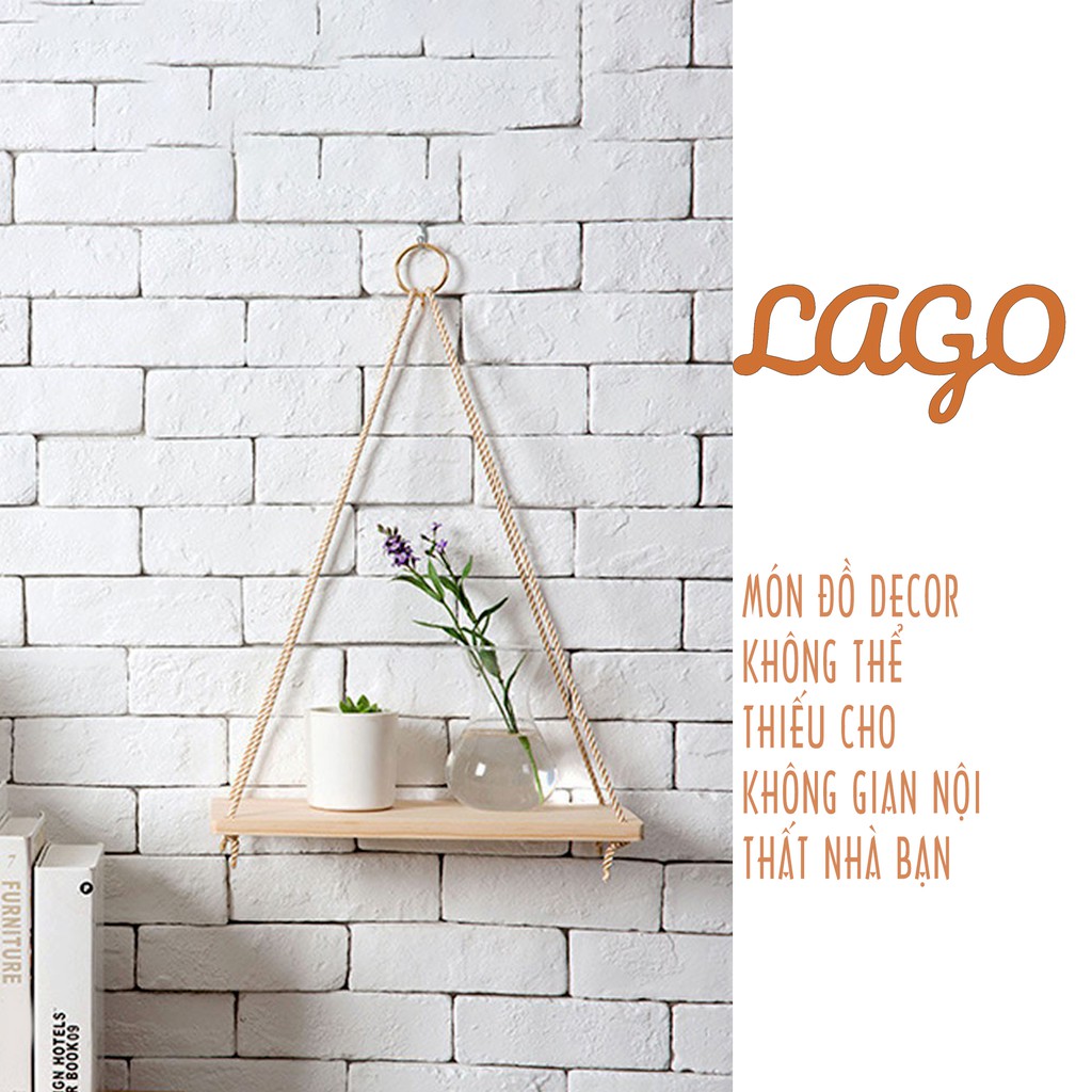 Kệ gỗ thông treo tường dây thừng  30x10 cm, 1 tầng [LAGO] decor trang trí nhà cửa phong cách Bắc Âu