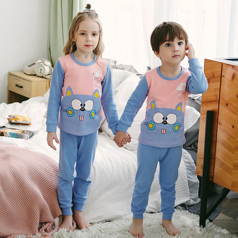Bộ đồ ngủ pajamas tay dài in hình hoạt hình dễ thương dành cho bé trai bé gái từ 2 đến 10 tuổi