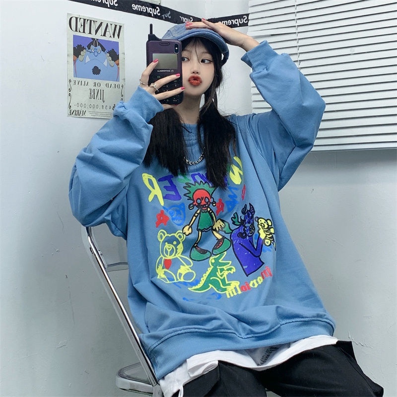 ZHELIHANGFEI Áo Sweater Tay Dài Dáng Rộng In Họa Tiết Trẻ Trung