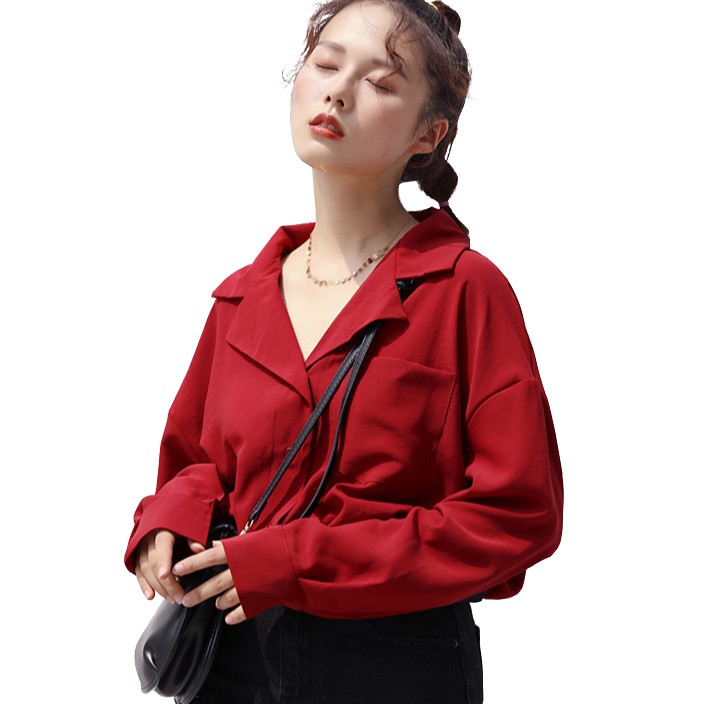 Áo sơ mi nữ tay dài cổ chữ V phong cách Hàn Quốc