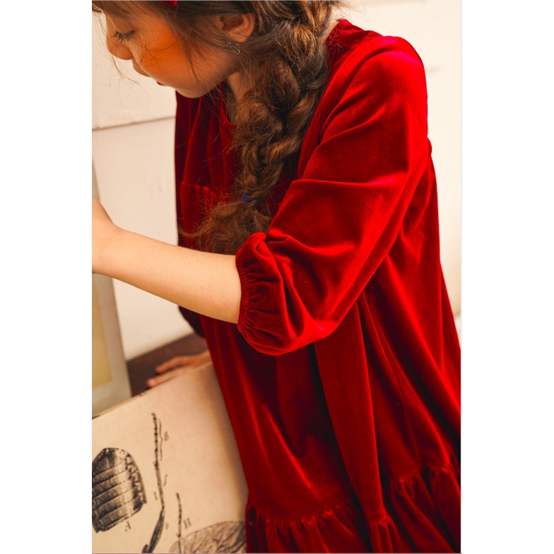 Đầm nhung tay lỡ thiết kế babydoll cho bé gái - Tiffany Dress - Đỏ Bordeaux