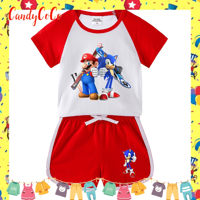 Set Đồ Mùa Hè 2 Món Gồm Áo Thun Tay Cộc In Hình SONIC MARIO + Quần Ngắn Bằng Vải Cotton Cho Bé 0-10 Tuổi