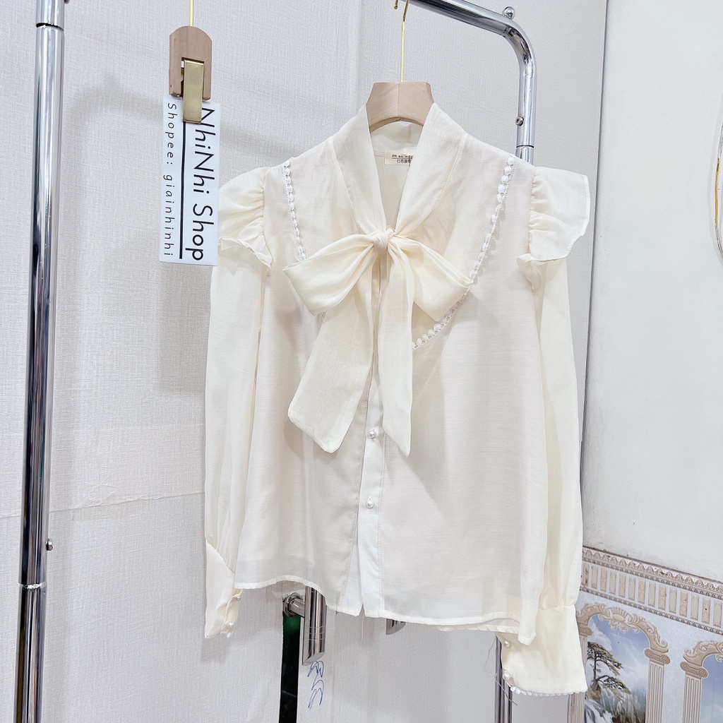 Áo sơ mi von cổ nơ bèo vai, Áo kiểu dài tay cổ buộc nơ thiểu thư SM9381 - NhiNhi Shop