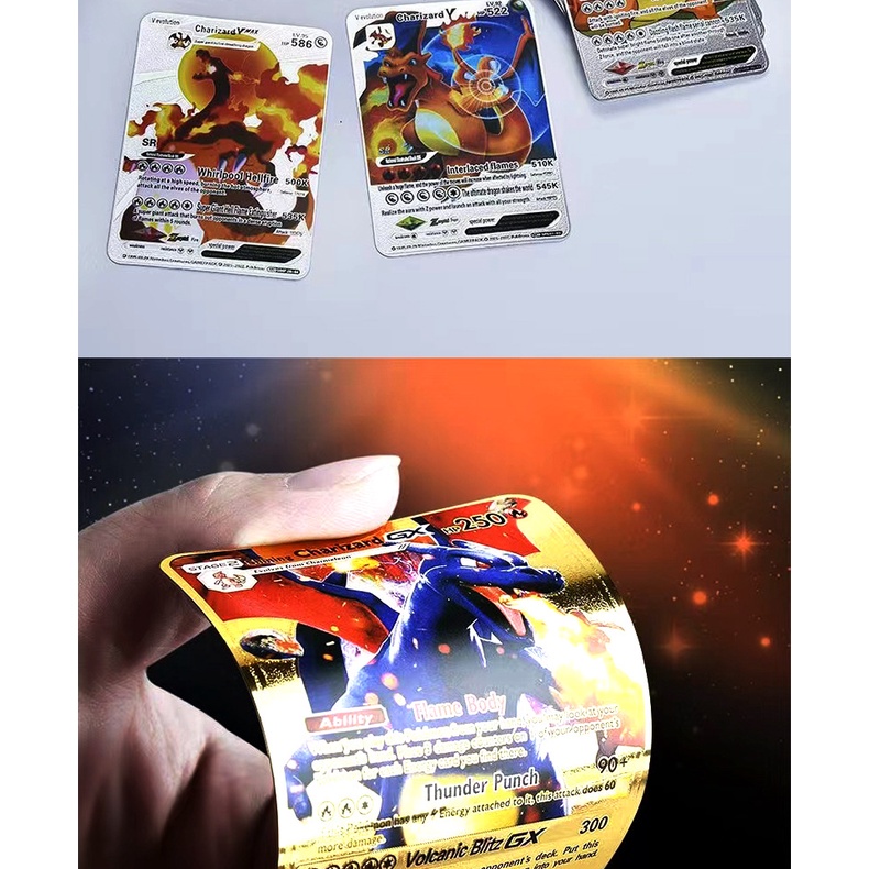 Set 55 / 27 Tấm Thẻ Bài Pokemon Bằng Kim Loại Màu Vàng / Bạc Vmax GX