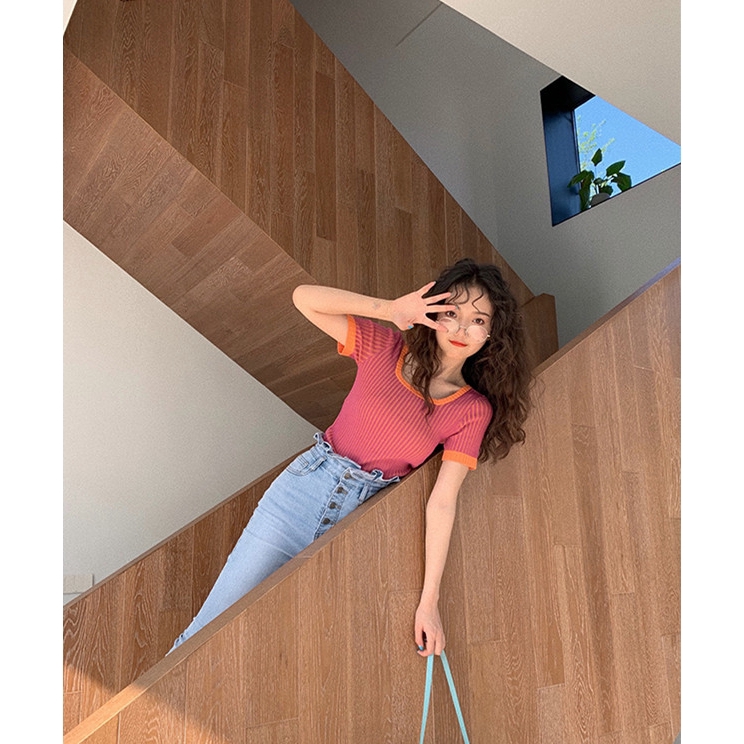 SUXI Áo Kiểu Tay Ngắn Cổ Vuông Họa Tiết Kẻ Sọc Thời Trang Cho Nữ