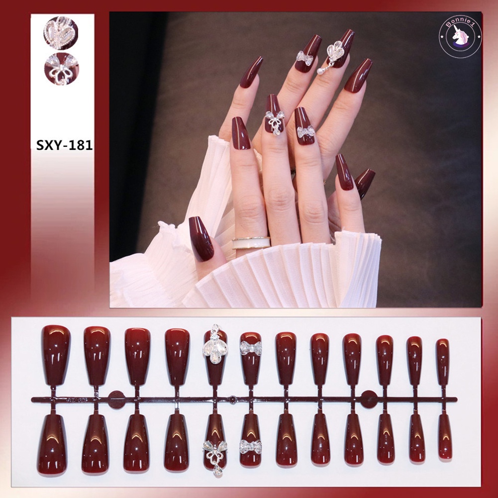 Bộ Móng Tay Giả 3D Kiểu Pháp Dáng Dài Màu Rượu Vang Đỏ Rượu Vang Có Thể Tháo Rời Tiện Dụng Cho Salon DIY