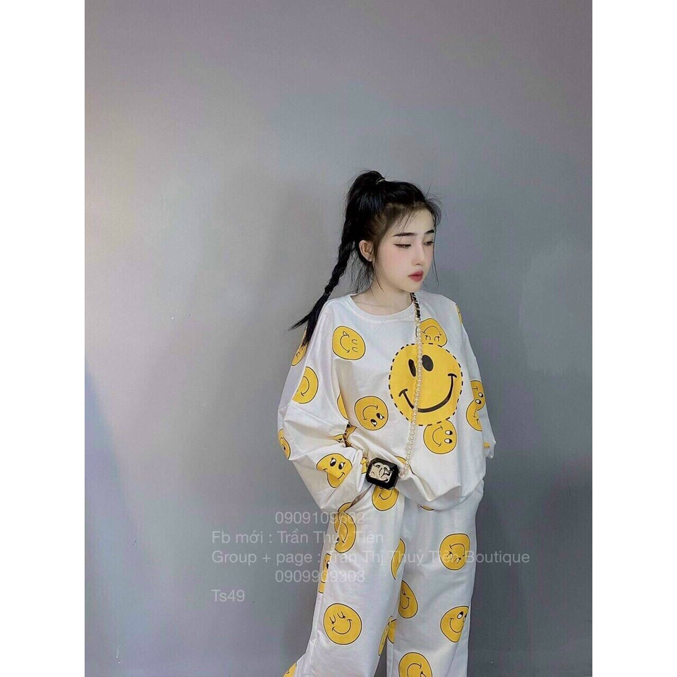 Set bộ thể thao nữ, set bộ thun tay dài in hình mặt cười vàng, quần ống túm đi chơi mặc nhà cho nàng cá tính, năng động