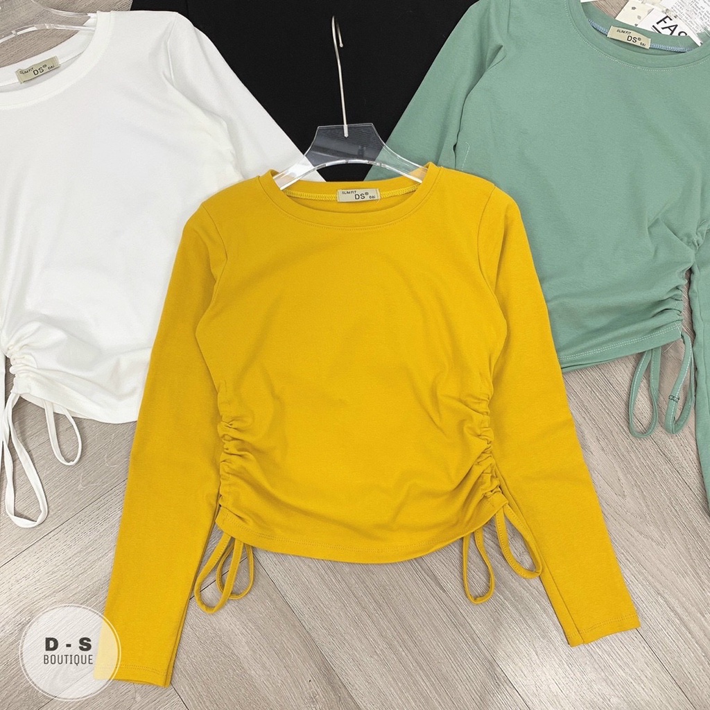 Áo thun kiểu rúm 2 bên cổ tròn dáng ôm, Áo kiểu rút dây 2 bên dài tay CS1155 - NhiNhi Shop