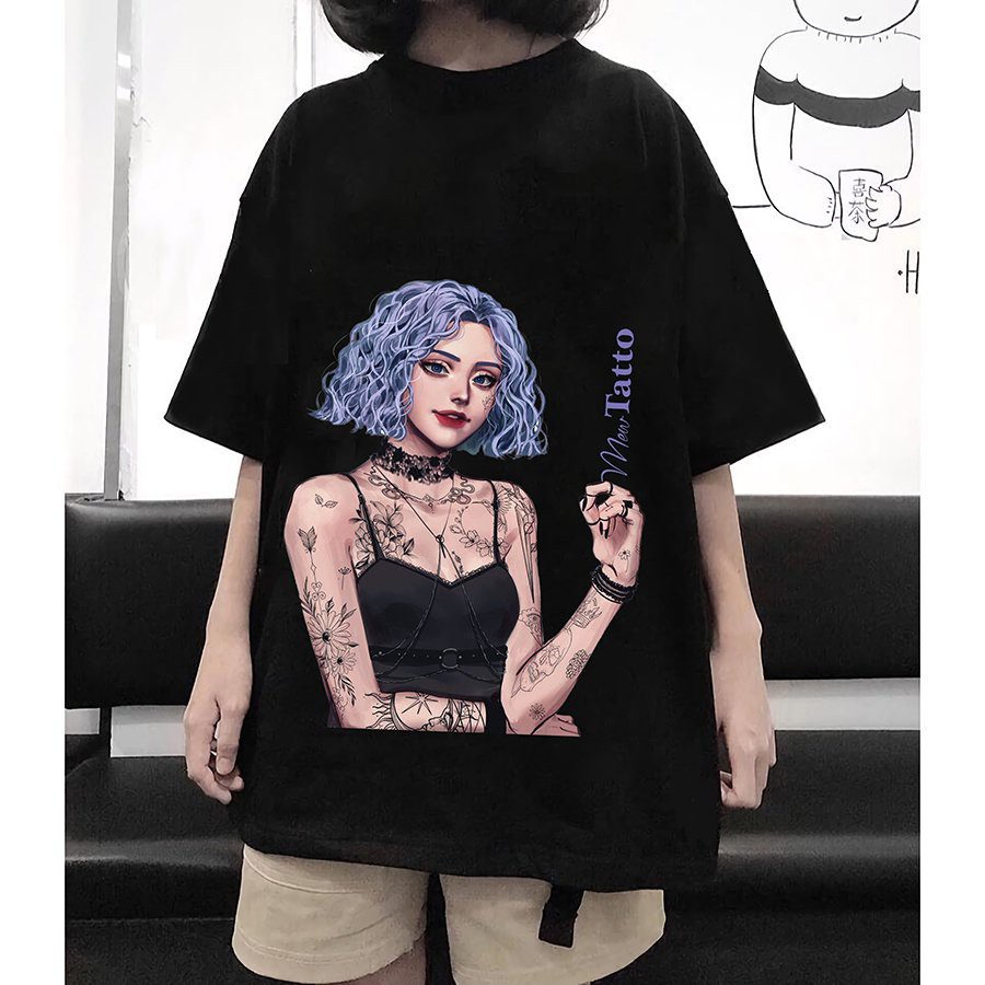 Áo thun tay lỡ Cô bé Tatto tóc xanh, form rộng phông nam nữ unisex, phong cách trẻ Hàn quốc hot trend