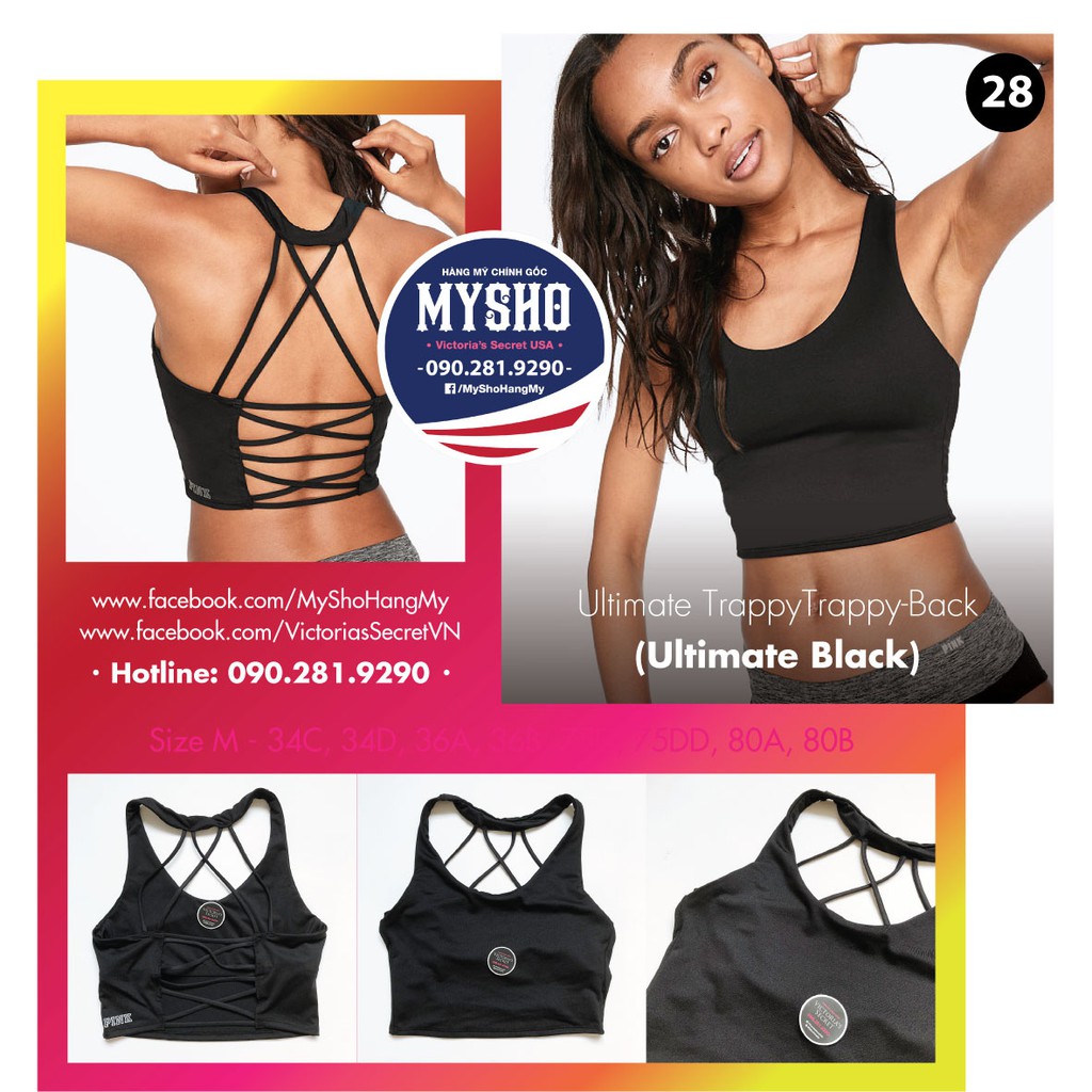 Áo tập, áo lót thể thao  Ultimate Trappy màu đen, không mút, hàng nhập Victoria's Secret, Size S