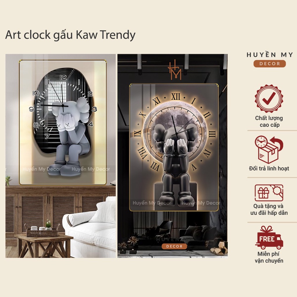 Tranh đồng hồ tráng gương gấu Kaws, Phi hành gia, Bearbrick decor salon, phòng khách, phòng ngủ
