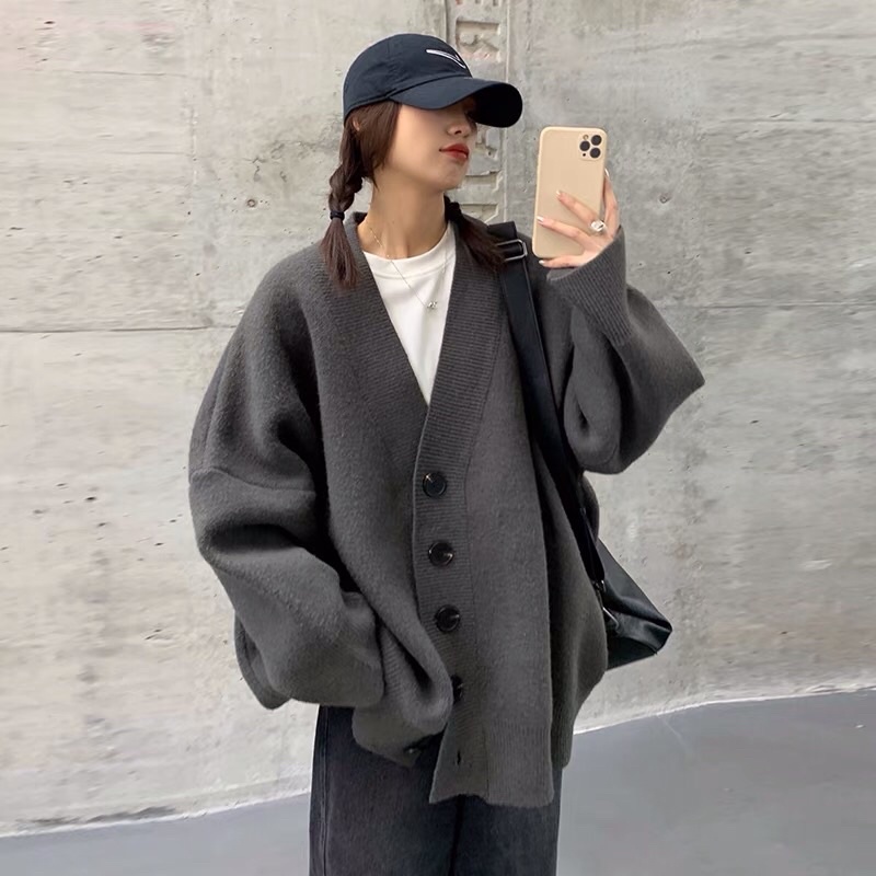 Áo CARDIGAN trơn thiết kế unisex thời trang thu đông gồm hai màu xám và đen, làm từ vải len mịn