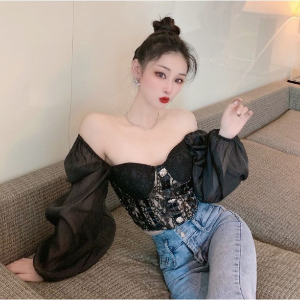 M & X  Áo Sơ Mi Trắng Cổ Vuông Tay Phồng Ngắn Phối Ren Độc Đáo Cho Nữ