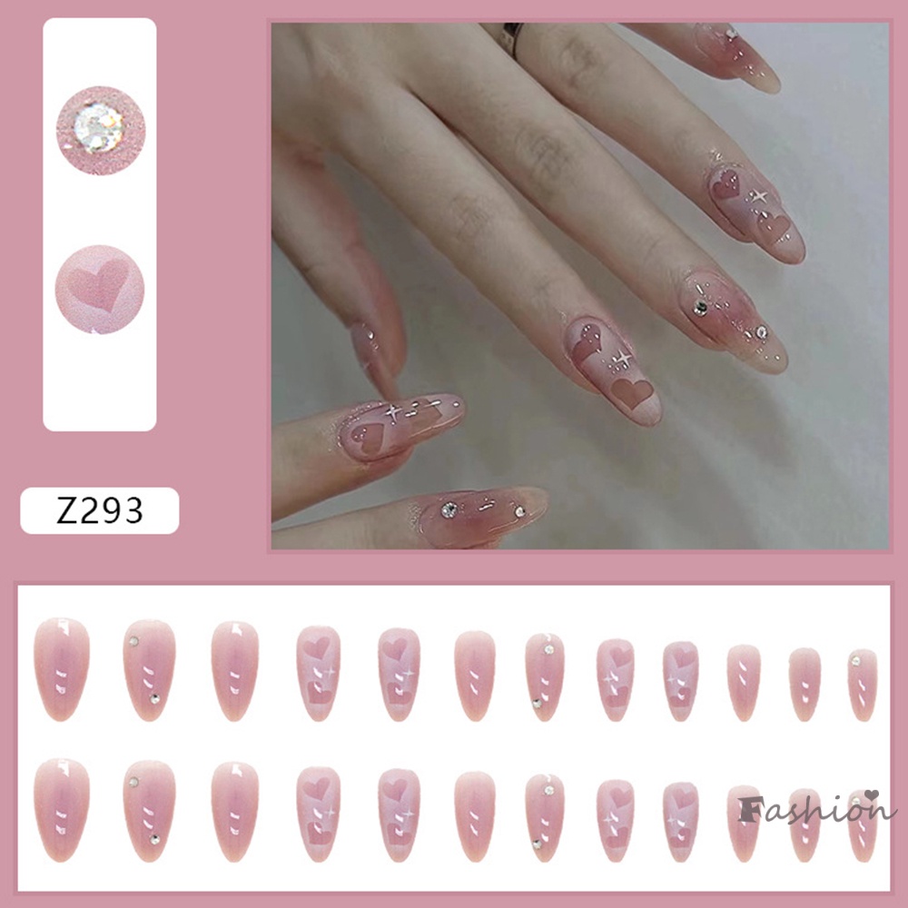 Set 24 Móng Tay Giả Đính Đá Họa Tiết Trái Tim Xinh Xắn Cho Nữ