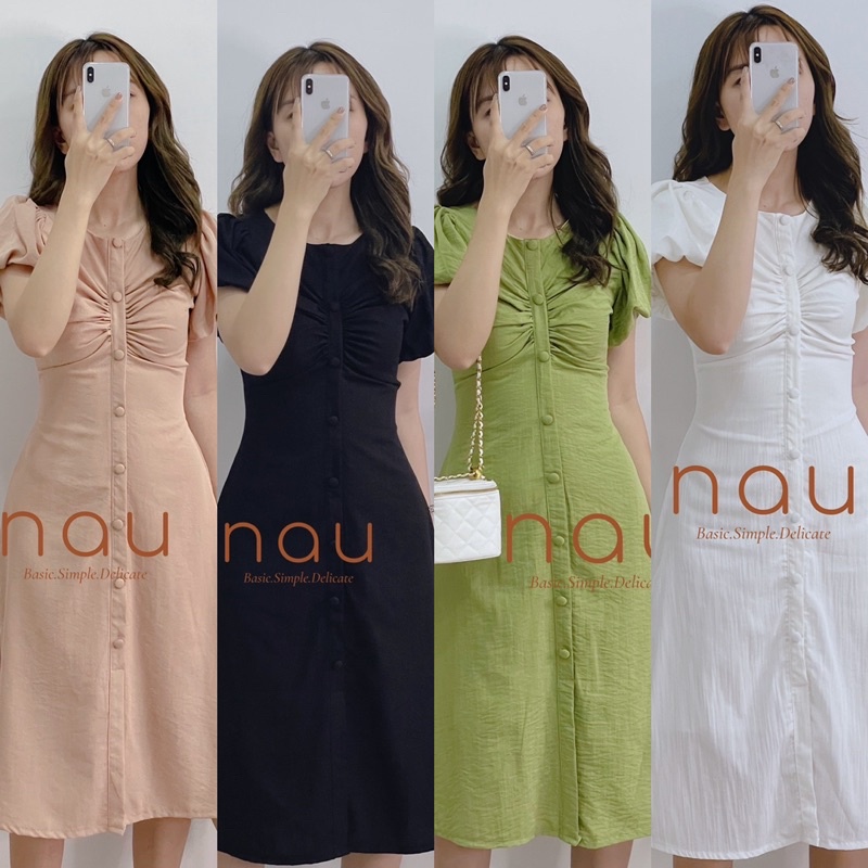 Đầm cổ tròn nút bọc nhíu ngực chất đũi