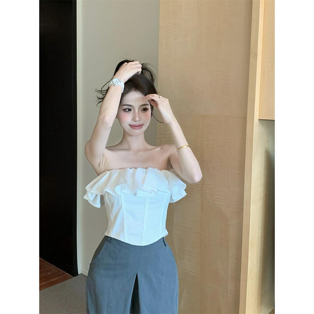 QADCOL Áo Croptop Hai Dây Nhún Bèo Phong Cách Pháp Thời Trang Mùa Hè Quyến Rũ Cho Nữ