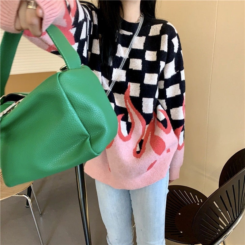 Áo len nữ dài tay cổ tròn họa tiết caro thời trang mới