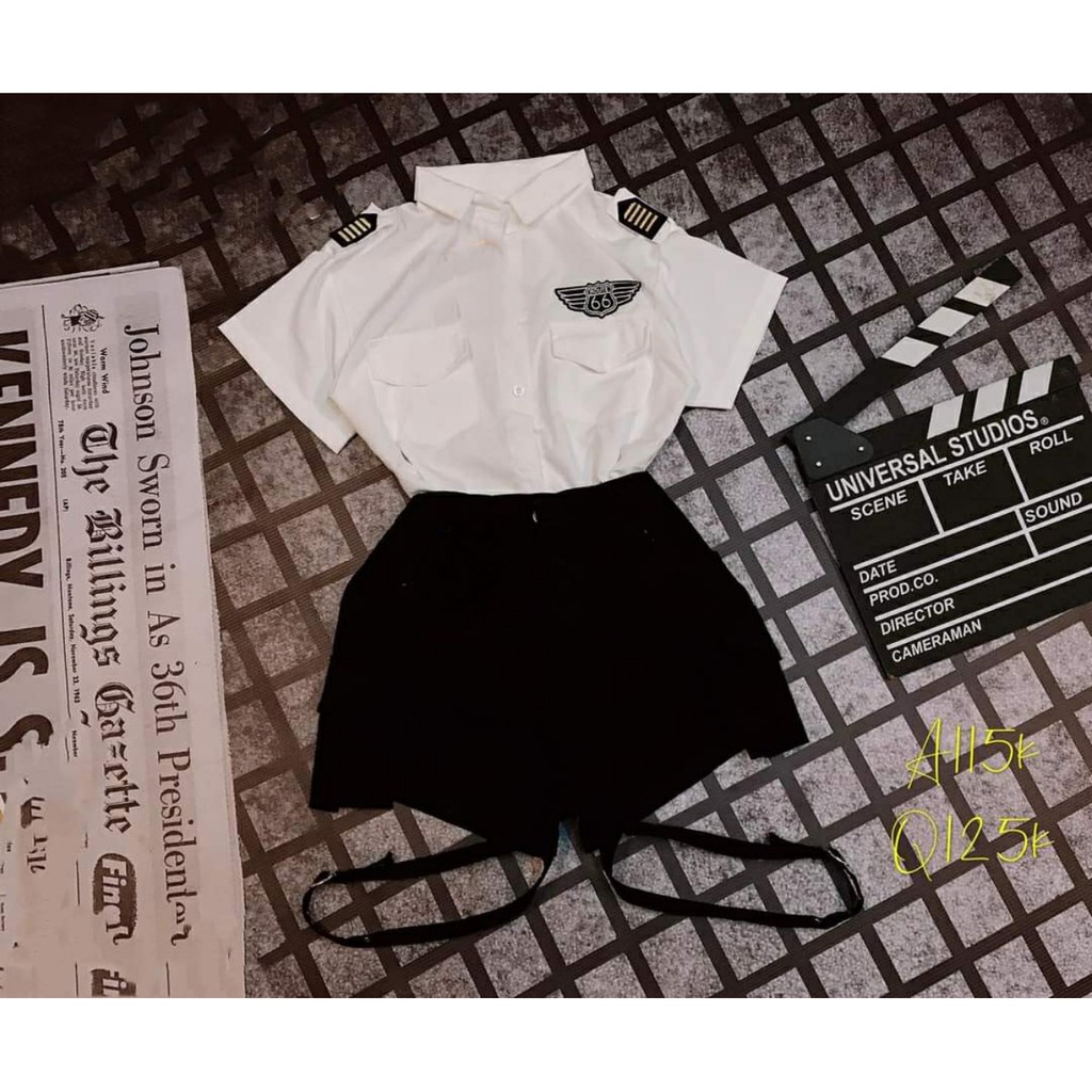 Set áo sơ mi cơ trưởng tay ngắn phối quần short kaki khoen rời cá tính