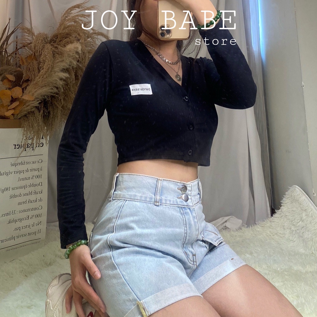 Áo croptop tay dài Joy Babe 💖 thun xịn hack dáng co giãn 4 chiều,nút gài tháo rời,áo croptop kiểu nữ CROD 25 SALE